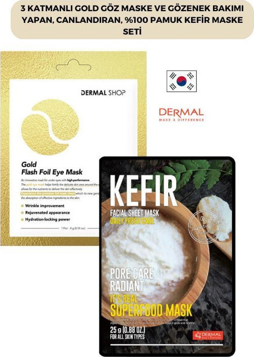 3 Katmanlı Gold Göz Maske ve Gözenek Bakımı Yapan, Canlandıran, %100 Pamuk Kefir Maske Seti