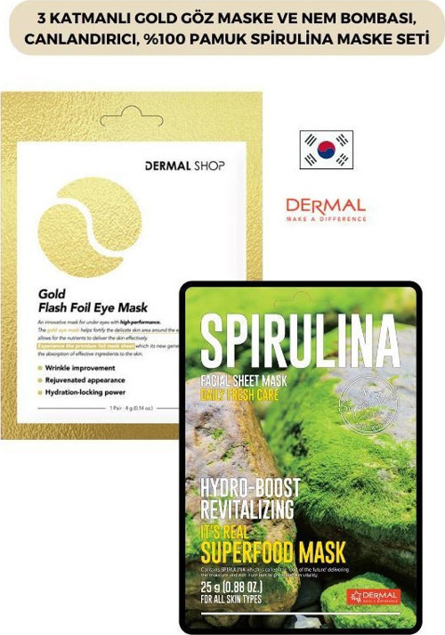 3 Katmanlı Gold Göz Maske ve Nem Bombası, Canlandırıcı, %100 Pamuk Spirulina Maske Seti