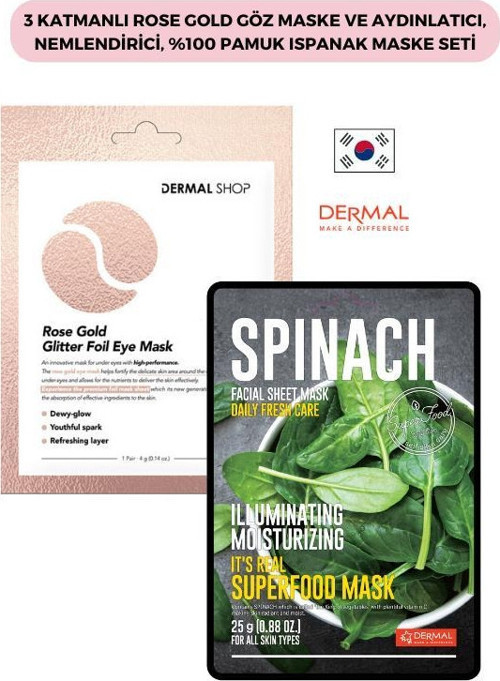3 Katmanlı Rose Gold Göz Maske Ve Aydınlatıcı, Nemlendirici, %100 Pamuk Ispanak Maske Seti
