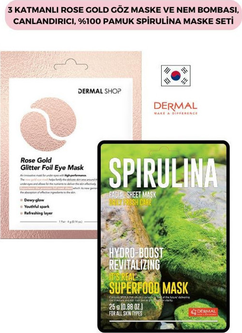3 Katmanlı Rose Gold Göz Maske ve Nem Bombası, Canlandırıcı, %100 Pamuk Spirulina Maske Seti