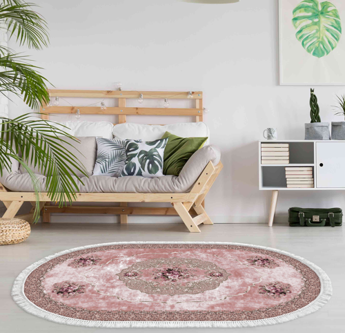 Alanur Trend Kaymaz Dod Tabanlı Saçaklı Dijital Halı Oval Pudra