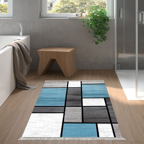 Eko Trend DJT Banyo Paspası Yıkanabilir Kaymaz Taban S5044 Geometrik Mavi