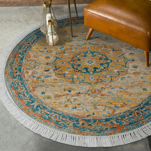 Eko Trend DJT Haı Yıkanabilir Kaymaz Taban P1356 Yuvarlak Vintage Turkuaz