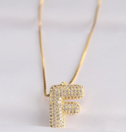 316L Çelik Zincirli Zirkon Taşlı F Harfli Gold Renk Bubble Kolye