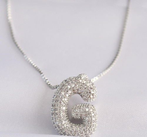316L Çelik Zincirli Zirkon Taşlı G Harfli Silver Renk Bubble Kolye