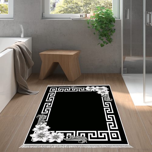 Kaymaz Taban Djt Banyo Halısı Yıldız Deri Saçaklı Modern Kt494 Siyah
