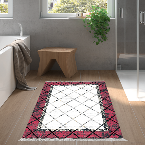 Kaymaz Taban Djt Banyo Halısı Star Pamuk Saçaklı Modern M5129 Bordo