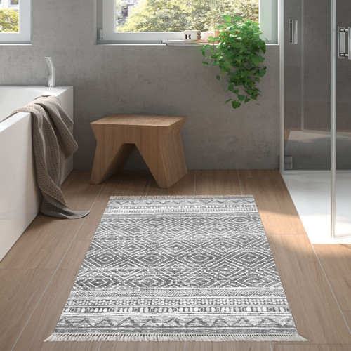 Kaymaz Taban Djt Banyo Halısı Yıldız Deri Saçaklı İskandinav F5087 Antrasit
