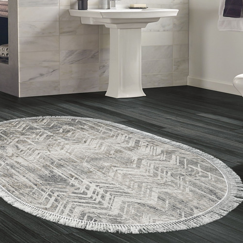 Kaymaz Taban Djt Banyo Halısı Star Pamuk Saçaklı Oval İskandinav F5083 Gri