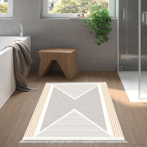 Kaymaz Taban Djt Banyo Halısı Yıldız Deri Saçaklı Modern P1526 Krem