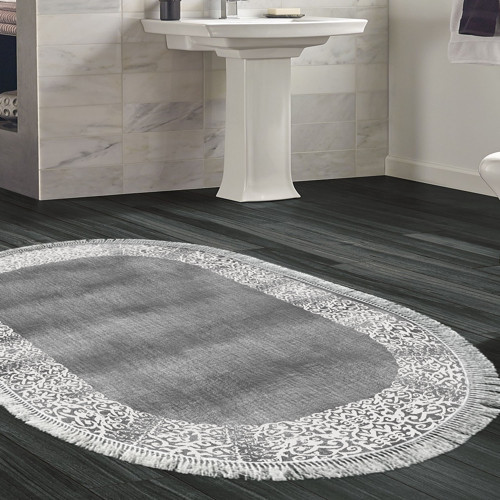 Kaymaz Taban Djt Banyo Halısı Yıldız Deri Saçaklı Oval Modern 1460 Gri