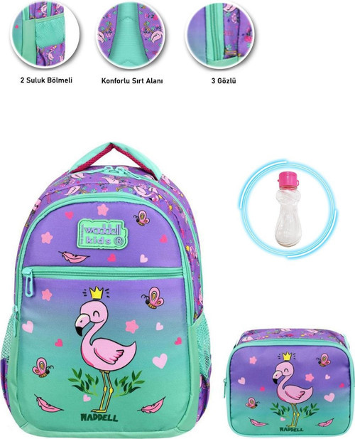 Smile Flamingo Okul Çantası + Beslenme + Suluk - İlkokul Çantası Kız Çocuk Okul Çantası