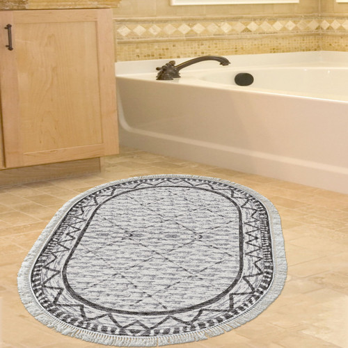 Kaymaz Taban Djt Banyo Halısı Yıldız Deri Saçaklı Oval İskandinav F5081 Gri