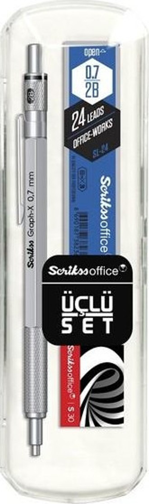 Graph-x 3'lü Set Saten Gri Versatil Kalem 0.7mm + Silgi + Min