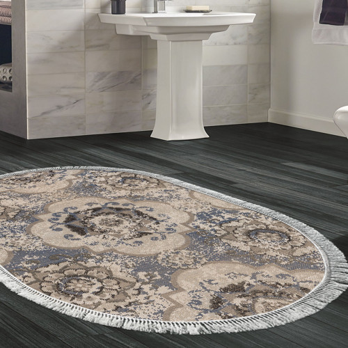 Kaymaz Taban Djt Banyo Halısı Trend Saçaklı Oval Modern 1903M Krem