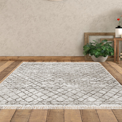 Kaymaz Taban Djt Salon Halısı Yıldız Deri Saçaklı İskandinav F5079 Kahve