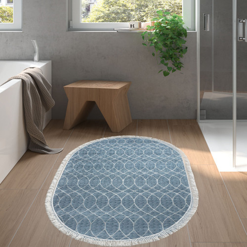Kaymaz Taban Djt Banyo Halısı Star Pamuk Saçaklı Oval İskandinav F5084 Lacivert