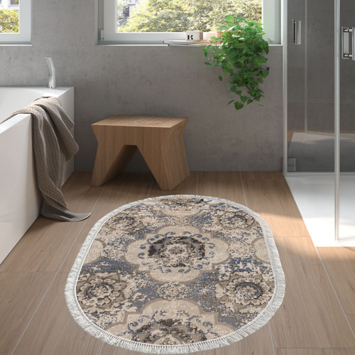 Kaymaz Taban Djt Banyo Halısı Yıldız Deri Saçaklı Oval Modern 1903M Krem