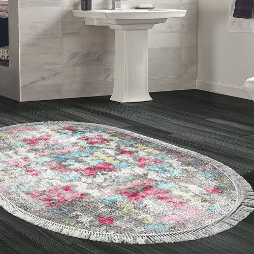 Kaymaz Taban Djt Banyo Halısı Star Pamuk Saçaklı Oval Modern F5138 Renkli