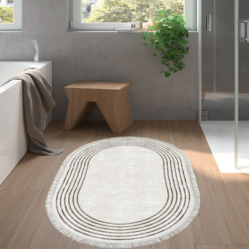 Kaymaz Taban Djt Banyo Halısı Yıldız Deri Saçaklı Oval Modern M5142 Bej
