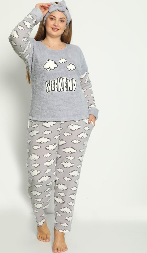 Büyük Beden Peluş Polar Pijama Takımı- Saç Bandı Hediyeli