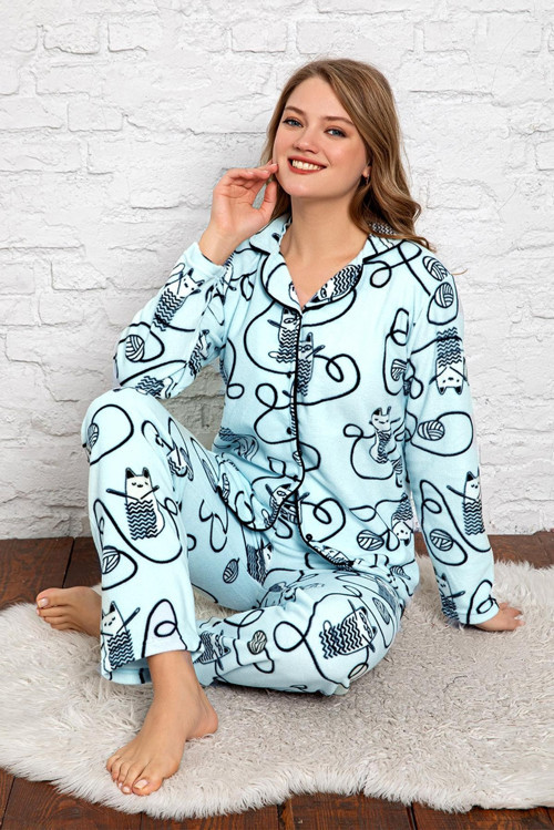 Kadın Kışlık Welsoft Peluş Polar Düğmeli Pijama Takımı