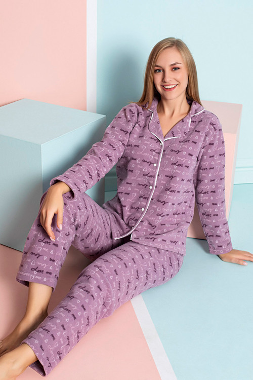 Kadın Kışlık Welsoft Peluş Polar Düğmeli Pijama Takımı