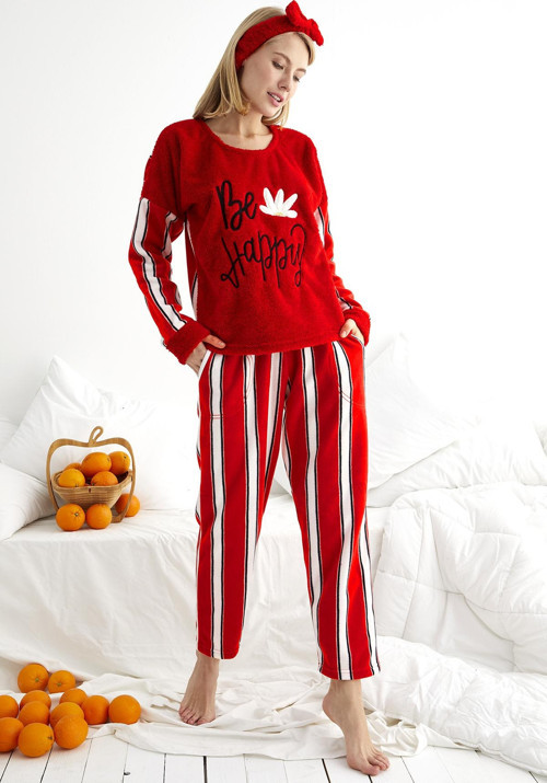 Kışlık Polar Yılbaşı Kadın Pijama Takımı- Saç Bandı Hediyeli