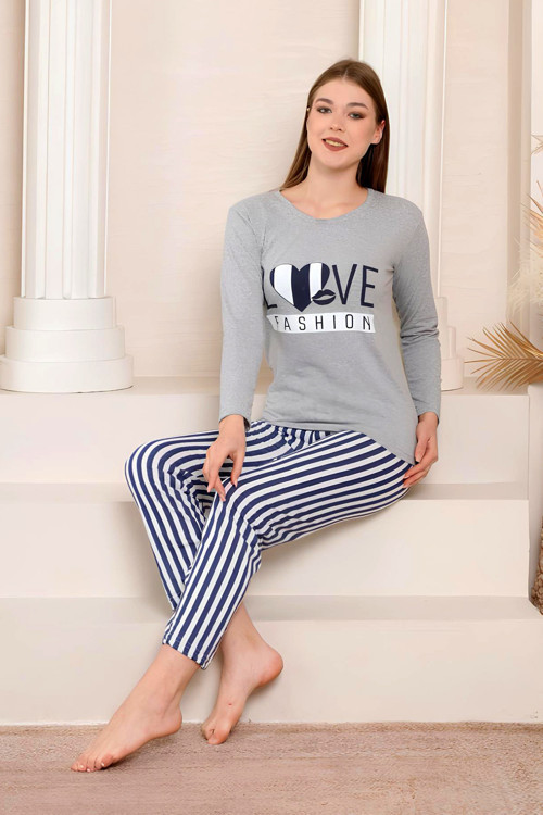 Slim Fit Uzun Kollu %100 Pamuk Kadın Pijama Takımı-Geniş Beden Aralığı