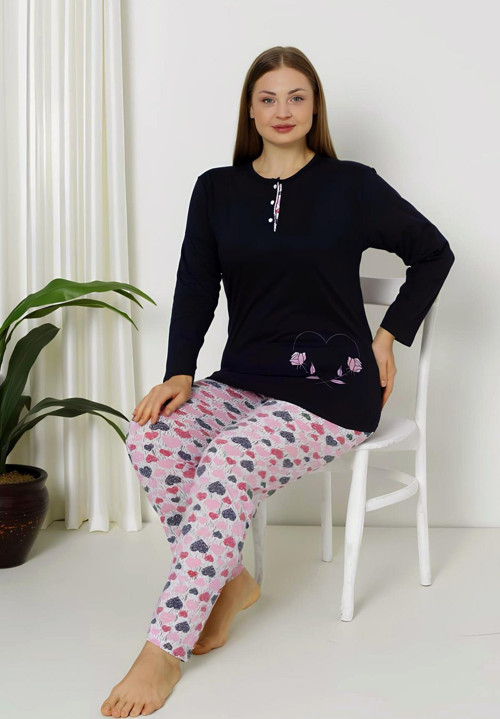 Slim Fit Uzun Kollu %100 Pamuk Kadın Pijama Takımı-Geniş Beden Aralığı