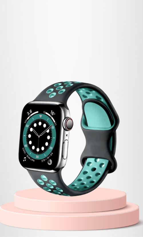 Apple Watch 42 44 45 49 Mm/L Kordon Kayış Bileklik Delikli SİYAH-TURKUAZ