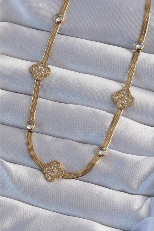316L Çelik İtalyan Zincirli Gold Renk Zirkon Taşlı Yonca Model Kolye - TJ-BKO8989