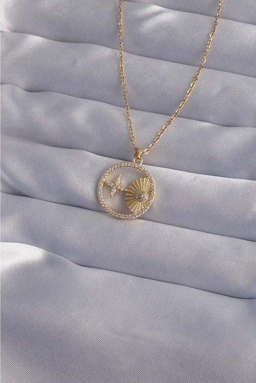 316L Çelik Zincir Gold Renk Zirkon Taşlı Yıldız Figürlü Oval Kolye - TJ-BKO9023