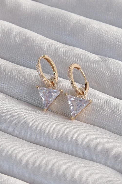Pirinç Gold Renk Üçgen Zirkon Taşlı Sallantılı Halka Küpe - TJ-BKP9309