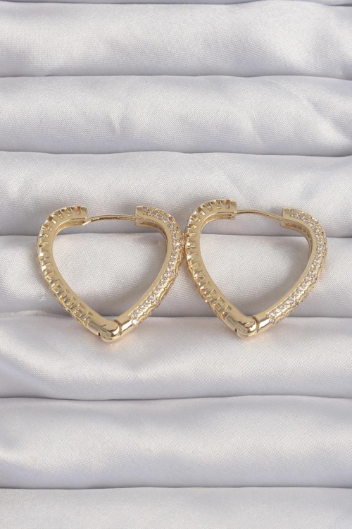Pirinç Gold Renk Zirkon Taşlı Motifli Kalp Küpe - TJ-BKP9285