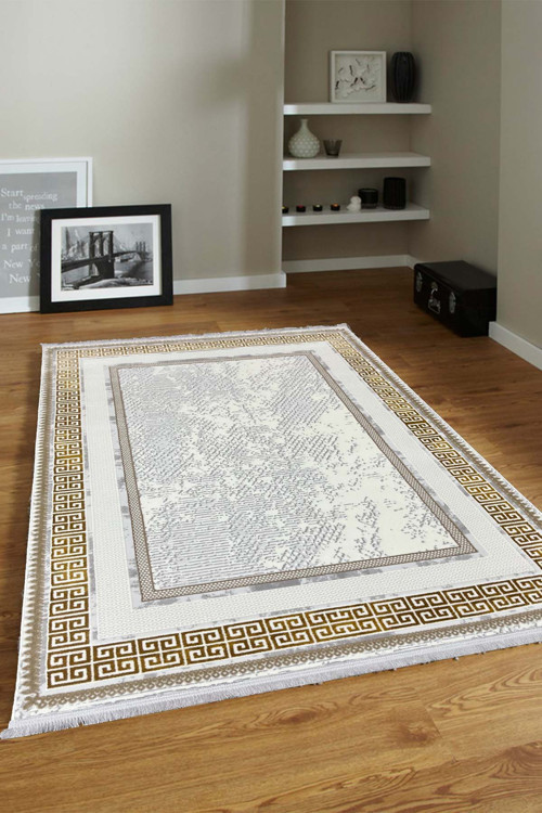 4m2 - 6m2 Modern Kalın Sık Dokuma Salon ve Oturma Odası Halısı AntiAlerjik Beyaz Gold 07