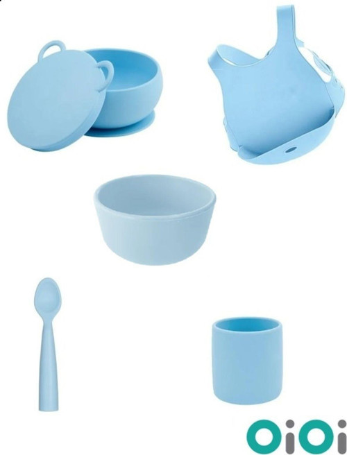 Beslenme Seti Mavi Mineral Blue ( Kase + Önlük + Kaşık + Bardak + Kapaklı Kase ) Tek Ebat