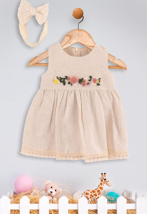 Dandini Kız Bebek Bandanalı Keten Elbise Bej 6158 Bej 9 Ay