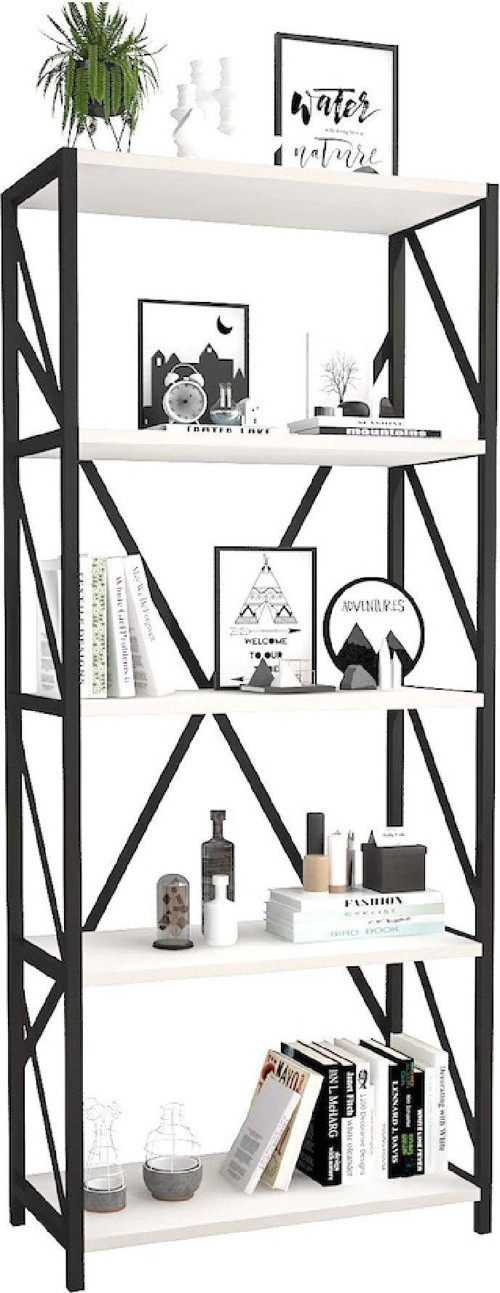 Ofis Çalışma Odası Dekoratif Endüstriyel Metal Kitaplık Dolap Ahşap Çam 5 Raflı 178x70 Cm