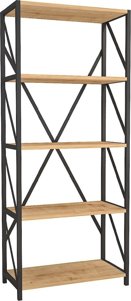 Ofis Çalışma Odası Dekoratif Endüstriyel Metal Kitaplık Dolap Ahşap Çam 5 Raflı 178x70 Cm