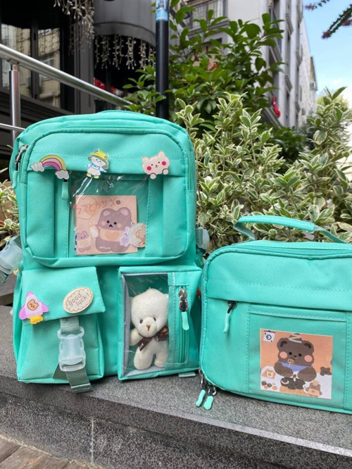 Roxbros Kawaii Kore Tarzı Asesuarlı Kız ve Erkek Okul ve Beslenme Çantası Set Yeşil