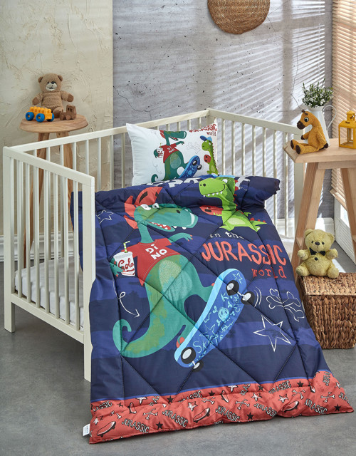 %100 Pamuk Kumaş Bebek Yorgan + Yastık Seti - DİNO
