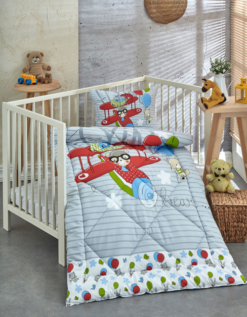 %100 Pamuk Kumaş Bebek Yorgan + Yastık Seti - FLYİNG