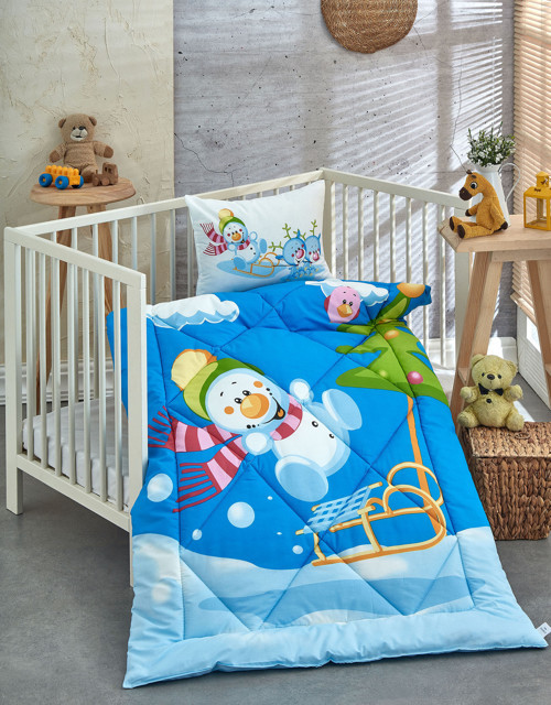 %100 Pamuk Kumaş Bebek Yorgan + Yastık Seti - SNOWMAN