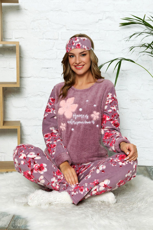 Desenli Peluş Polar Uzunkollu Kışlık Bayan Pijama Takımı