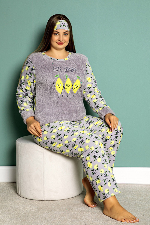 Kışlık Peluş Polar Büyük Beden Kadın Pijama Takımı