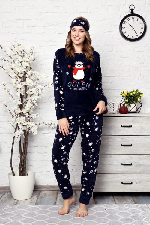 Kışlık Uzun Kollu Bayan Peluş Polar Pijama Takımı İpeksi Doku