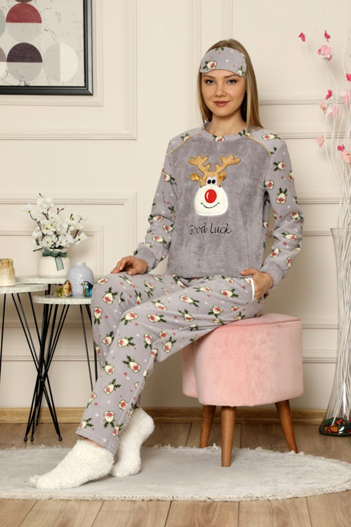 Kışlık Uzun Kollu Bayan Peluş Polar Pijama Takımı İpeksi Doku