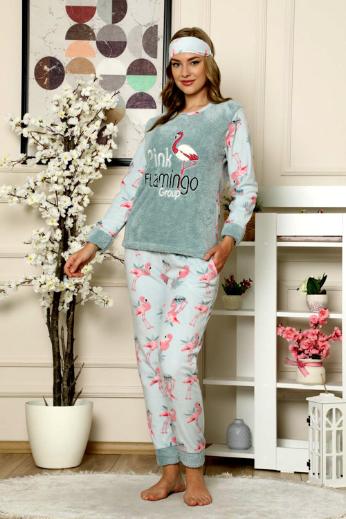 Kışlık Uzun Kollu Bayan Peluş Polar Pijama Takımı İpeksi Doku