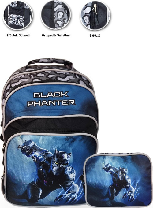 Pulo Black Panter Okul Çantası + Beslenme - Kara Panter Çanta Erkek İlkokul Çantası